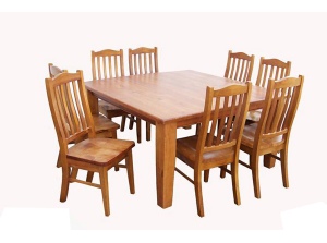 Farmhouse 1500 Sq Dining Table + 8 Wooden Chairs