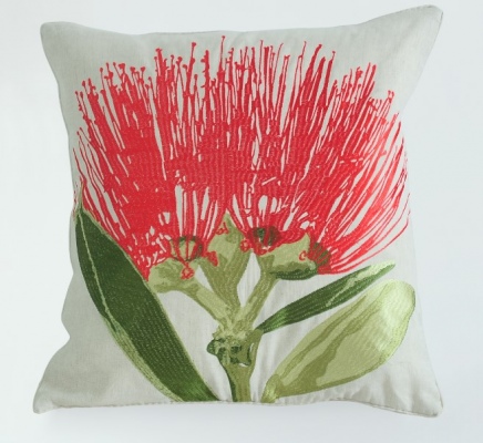 Pohutukawa Embroidered Linen Cotton Cushion 45X45C