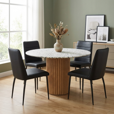 Terrazzo Round Table + 4 Black Hansel Chairs