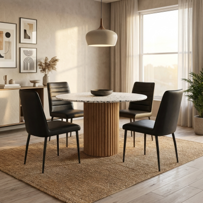 Terrazzo Round Table + 4 Black Hansel Chairs